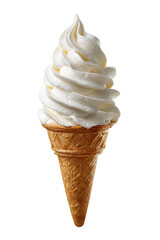 A single vanilla ice cream cone.  Creamy white ice cream swirls atop a light tan waffle cone.  Isolated against black