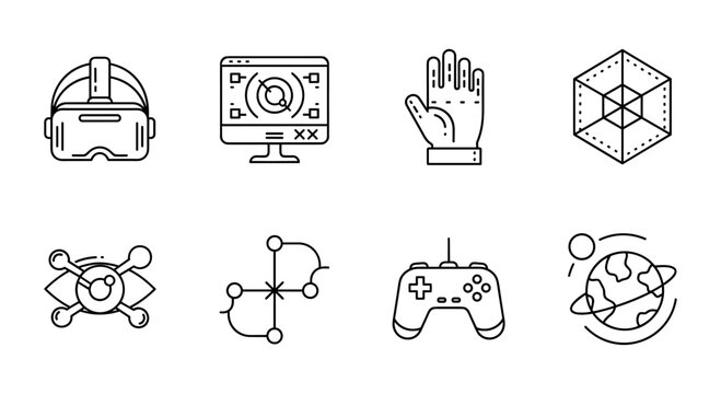 Futuristic line icons: virtual reality, gaming, and technology