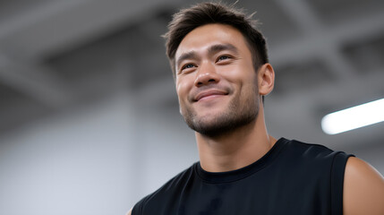 Confident athletic man smiling in gym wearing black sleeveless shirt