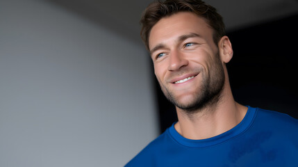Happy young man smiling indoors wearing blue shirt, casual lifestyle portrait