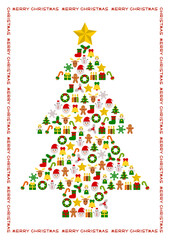 クリスマスアイコン模様のクリマスツリーイラスト 赤文字フレーム