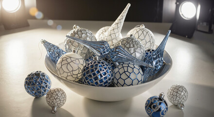 Christmas decorative ornaments in a modern style with blue and white colors on a bright background