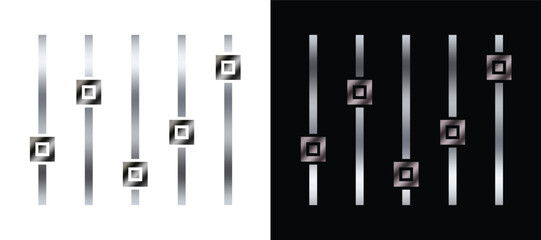 Metallic control sliders interface in black and white contrast design, modern sound equalizer adjustment bars, glossy audio mixer panel concept for technology and digital music background.