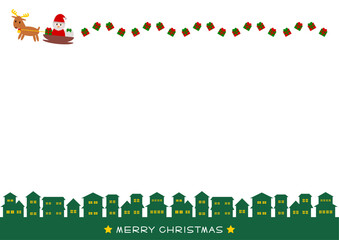 ソリに乗るサンタと並んだ家のクリスマスフレーム