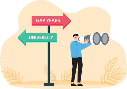 Learning life and looking for motivation to achieve goals, Gap year and high school graduates carry backpacks and meet road signs of life's choices to decide which path to take.
