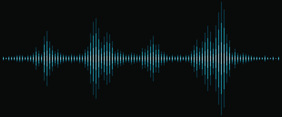 Blue digital sound wave on black background, abstract audio waveform visualization for music, technology, and signal frequency concept, modern equalizer design for media and recording interface.