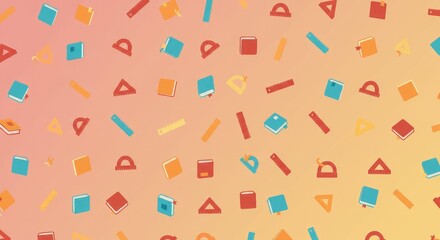 Colorful School Supplies Pattern: Books, Rulers, Protractor, Triangles on Gradient Background.