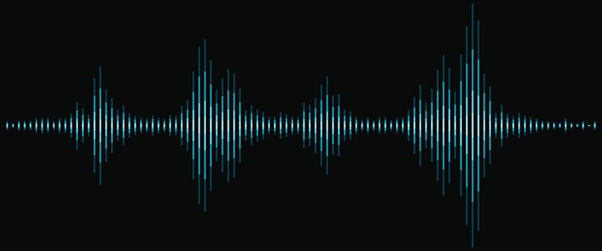 Blue digital sound wave on black background, abstract audio waveform visualization for music, technology, and signal frequency concept, modern equalizer design for media and recording interface.