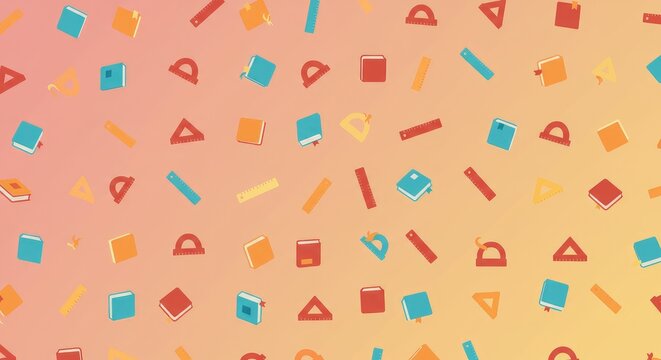 Colorful School Supplies Pattern: Books, Rulers, Protractor, Triangles on Gradient Background. - Powered by Adobe