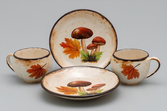 Decorative ceramic dishware set featuring autumn leaves and mushrooms, showcasing warm colors and intricate designs, perfect for seasonal dining and festive gatherings