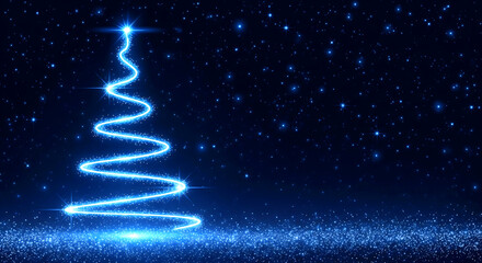Sparkling blue Christmas tree formed by light trails against a starry night sky creating magical festive ambiance