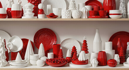 Vibrant display of red and white decorative ceramics in various shapes and sizes on wooden shelves