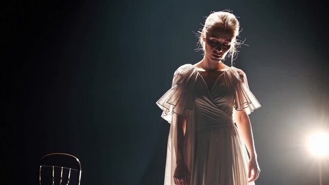white woman spotlight onstage wearing flowing vintage gown, backlit silhouette framed by solitary chair and haze, slow monologue delivery with poised intense expression, dramatic contrast lighting