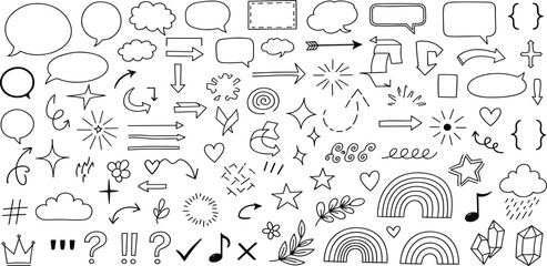 Hand-Drawn Doodle Elements Arrows, Stars, Hearts, Clouds, and Decorative Accents for Creative Design