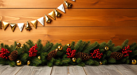 Festive Christmas garland with golden ornaments and pinecones adorns a rustic wooden background, ready for holiday celebrations