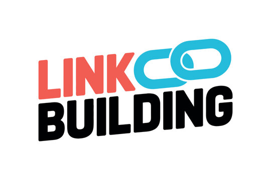 A link building graphic with red link and blue chain on a white background
