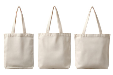 Three blank, beige canvas tote bags of varying sizes
