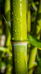 Obraz premium Fresh vivid green bamboo stalks covered in sparkling water droplets, sunlight, dense foliage.