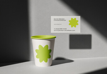Paper Cup and Business Card Mockup &ndash; Realistic Branding Scene with Shadow