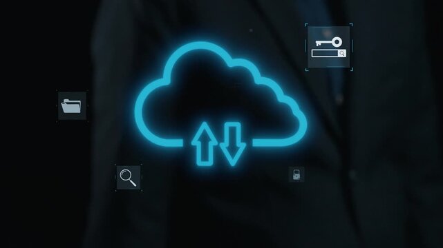 This digital artwork depicts a futuristic cloud computing interface with vibrant arrows symbolizing file transfer, along with various tech icons representing data exchange. Qubit - Powered by Adobe