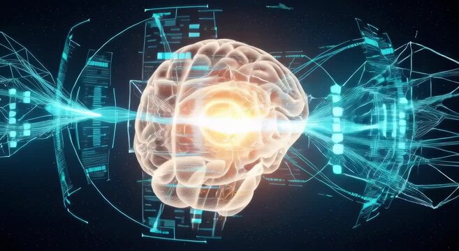 Translucent human brain glowing brightly at the center surrounded by vibrant blue digital interfaces and flowing abstract data visualizations - Powered by Adobe