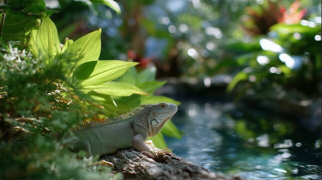 Iguana basking by a serene pond surrounded by lush greenery in natural habitat