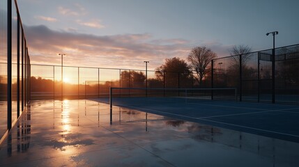 Sunset view over empty tennis courts reflecting colorful sky after rain