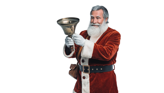 Santa claus in a red suit holding a large brass bell with a joyful expression on his face against a clean white background