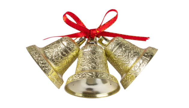 Three decorative golden christmas bells tied together with a red ribbon on a white background, product shot isolated