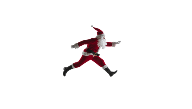 Santa claus in a red suit running joyfully with arms outstretched against a plain white background, studio shot on white