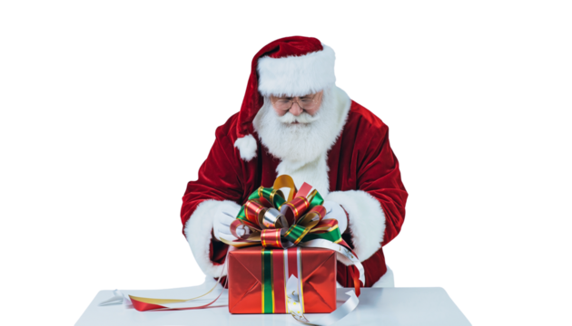 Santa claus carefully arranging a colorful bow on a large red gift box while smiling cheerfully, white background