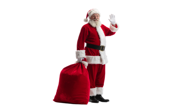 Santa claus in a red suit with a black belt waving while holding a large red sack of gifts on a solid white background cutout