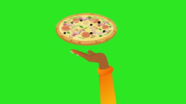 A pizza hovering in the air above a woman's hand. Animated fast food layout. 