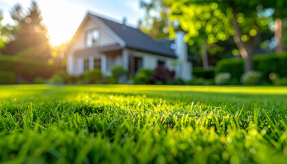 Vibrant green lawn with soft focus house on background, backyard landscaping concept, fresh summer