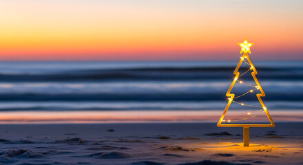 Festive illuminated Christmas tree outline glows warmly on a serene beach at sunset with gentle ocean waves