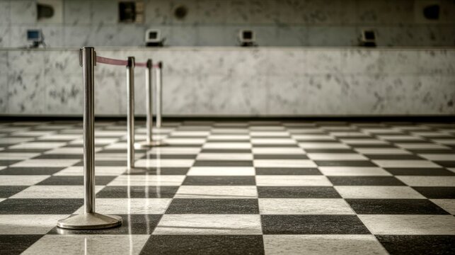 Elegant checkered floor design in modern lobby with stanchions guiding guests in a spacious area