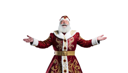 A joyful man dressed as santa claus with a red and gold outfit and a white beard, arms wide open, transparent background
