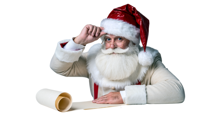 Santa claus with a red hat and white beard looking at a rolled parchment paper on a white background png with transparency - Powered by Adobe