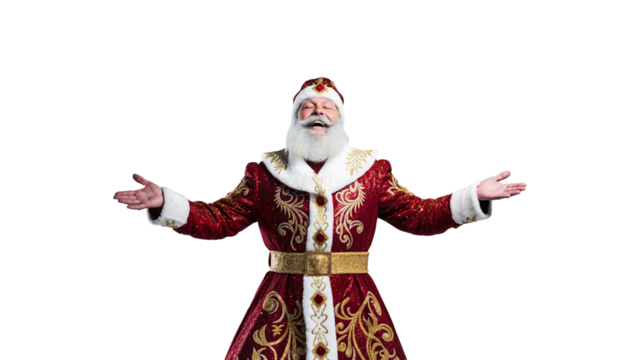A joyful man dressed as santa claus with a red and gold outfit and a white beard, arms wide open, transparent background - Powered by Adobe