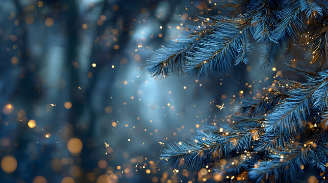 Enchanted christmas night with painted pine tree branches and festive glow effect
