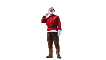 Santa claus in a red suit with a white beard and gloves standing with one hand on his face, plain white background