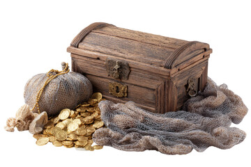 Wooden treasure chest, gold coins, and a cloth draped on a dark background