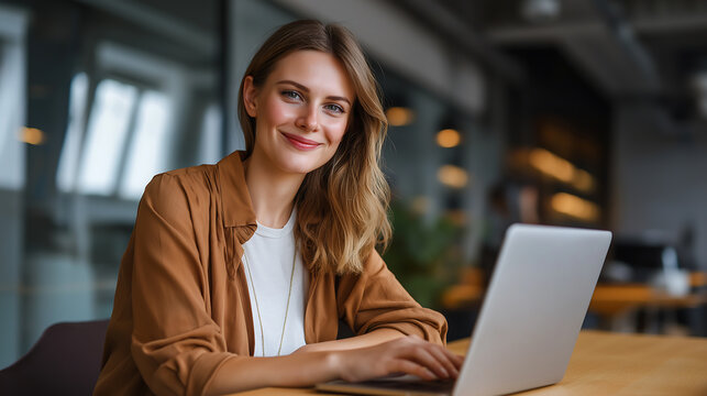 Woman using laptop computer for remote work in office setting indoors