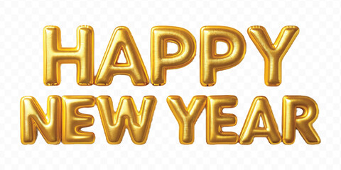 abstract 3d Happy New Year text effect made by different color foil balloons isolated on transparent background