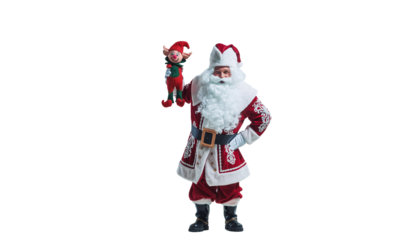 Santa claus in a festive outfit holding a small elf doll, both smiling cheerfully against a white background cutout
