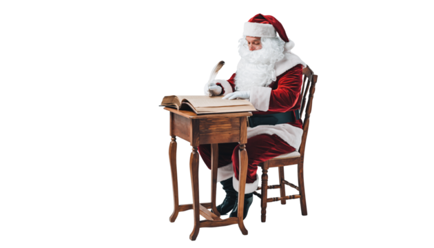 Santa claus writing in a large book while seated at a wooden desk, wearing his traditional red suit, clean white background