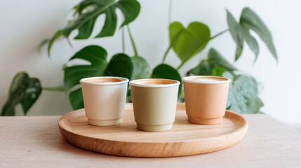 Three colorful coffee cups sit on a wooden tray, highlighting the warm tones of the cups against a backdrop of lush green plants. The inviting scene suggests relaxation and enjoyment.