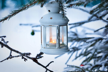 Christmas lantern with candle on branch of snowy winter tree, outdoors