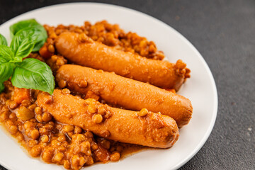 Sausage with lentils second course tasty snack fresh delicious gourmet food background on the table rustic top view copy space