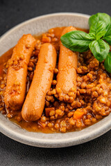 Sausage with lentils second course tasty snack fresh delicious gourmet food background on the table rustic top view copy space